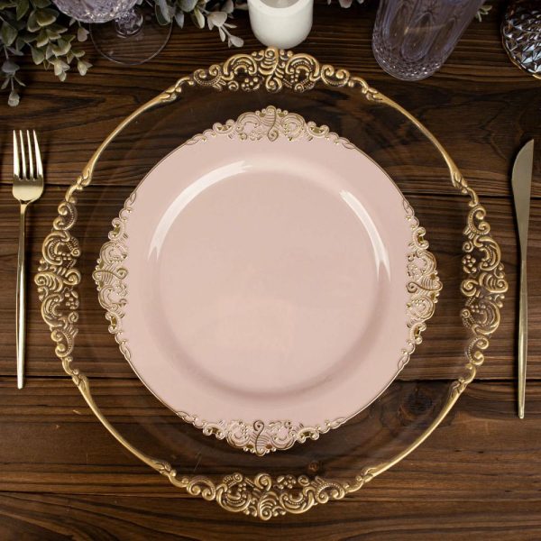 Plastic Plates |  10 Pack 10″ Blush Plastic Party Plates With Gold Leaf Embossed Baroque Rim, Round Disposable Dinner Plates