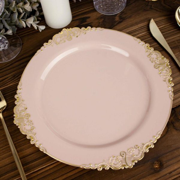 Plastic Plates |  10 Pack 10″ Blush Plastic Party Plates With Gold Leaf Embossed Baroque Rim, Round Disposable Dinner Plates