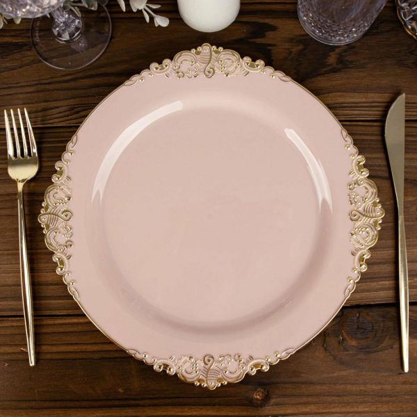 Plastic Plates |  10 Pack 10″ Blush Plastic Party Plates With Gold Leaf Embossed Baroque Rim, Round Disposable Dinner Plates