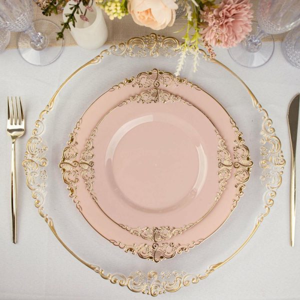 Plastic Plates |  10 Pack 10″ Blush Plastic Party Plates With Gold Leaf Embossed Baroque Rim, Round Disposable Dinner Plates