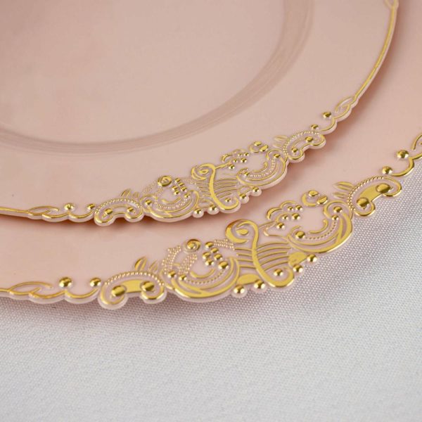 Plastic Plates |  10 Pack 10″ Blush Plastic Party Plates With Gold Leaf Embossed Baroque Rim, Round Disposable Dinner Plates