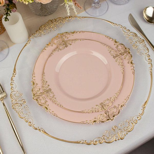 Plastic Plates |  10 Pack 10″ Blush Plastic Party Plates With Gold Leaf Embossed Baroque Rim, Round Disposable Dinner Plates