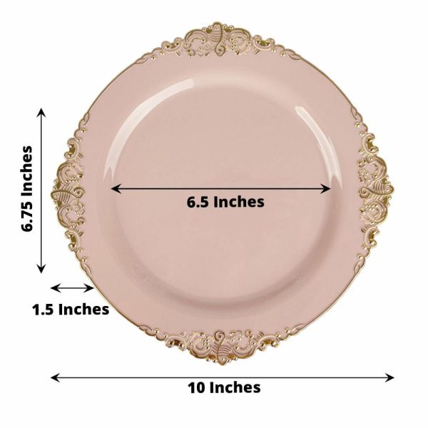 Plastic Plates |  10 Pack 10″ Blush Plastic Party Plates With Gold Leaf Embossed Baroque Rim, Round Disposable Dinner Plates