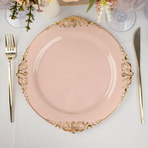 Plastic Plates |  10 Pack 10″ Blush Plastic Party Plates With Gold Leaf Embossed Baroque Rim, Round Disposable Dinner Plates