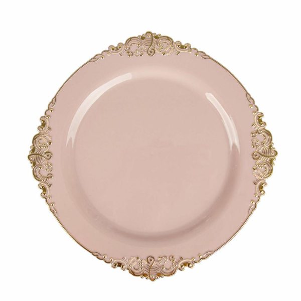 Plastic Plates |  10 Pack 10″ Blush Plastic Party Plates With Gold Leaf Embossed Baroque Rim, Round Disposable Dinner Plates