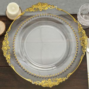 Plastic Plates |  10 Pack 10″ Clear Gold Beaded Rim Disposable Dinner Plates, Round Plastic Party Plates