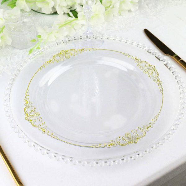 Plastic Plates |  10 Pack 10″ Clear Plastic Party Plates With Gold Leaf Embossed Baroque Rim, Round Disposable Dinner Plates