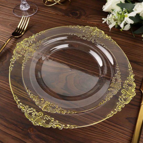 Plastic Plates |  10 Pack 10″ Clear Plastic Party Plates With Gold Leaf Embossed Baroque Rim, Round Disposable Dinner Plates