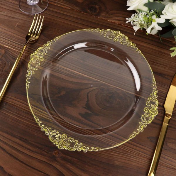 Plastic Plates |  10 Pack 10″ Clear Plastic Party Plates With Gold Leaf Embossed Baroque Rim, Round Disposable Dinner Plates