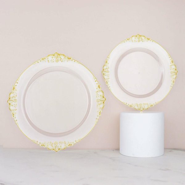 Plastic Plates |  10 Pack 10″ Clear Plastic Party Plates With Gold Leaf Embossed Baroque Rim, Round Disposable Dinner Plates