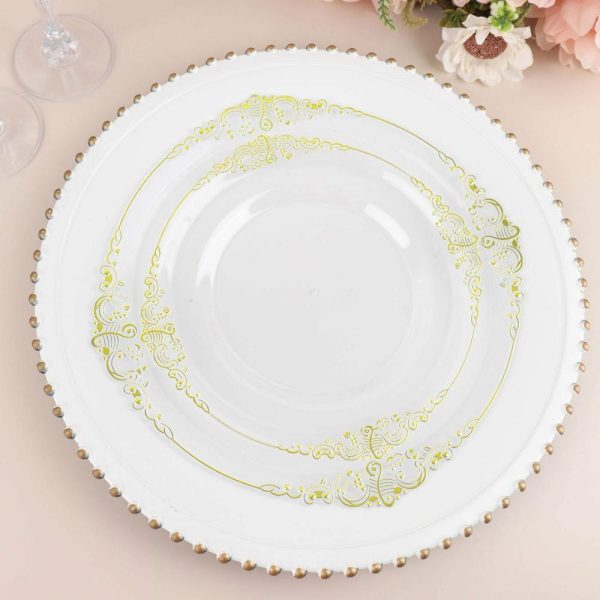 Plastic Plates |  10 Pack 10″ Clear Plastic Party Plates With Gold Leaf Embossed Baroque Rim, Round Disposable Dinner Plates