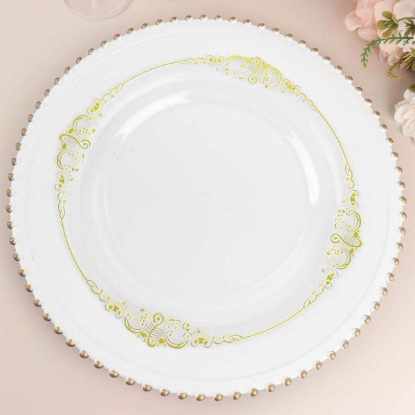 Plastic Plates |  10 Pack 10″ Clear Plastic Party Plates With Gold Leaf Embossed Baroque Rim, Round Disposable Dinner Plates