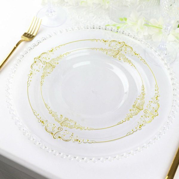 Plastic Plates |  10 Pack 10″ Clear Plastic Party Plates With Gold Leaf Embossed Baroque Rim, Round Disposable Dinner Plates