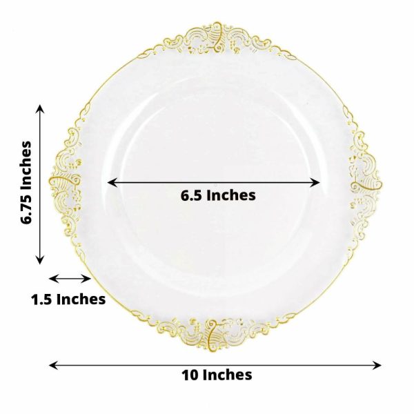 Plastic Plates |  10 Pack 10″ Clear Plastic Party Plates With Gold Leaf Embossed Baroque Rim, Round Disposable Dinner Plates