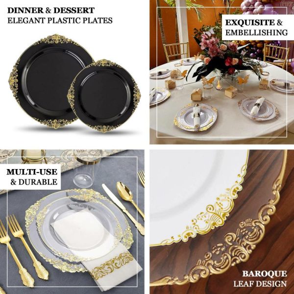 Plastic Plates |  10 Pack 10″ Clear Plastic Party Plates With Gold Leaf Embossed Baroque Rim, Round Disposable Dinner Plates