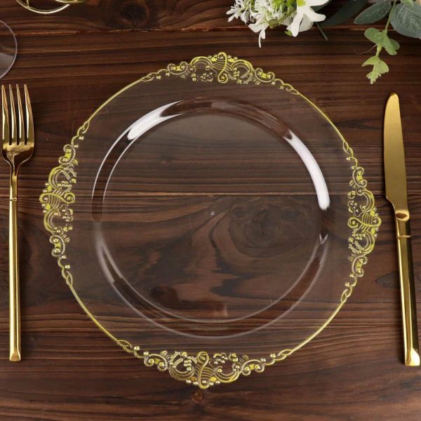 Plastic Plates |  10 Pack 10″ Clear Plastic Party Plates With Gold Leaf Embossed Baroque Rim, Round Disposable Dinner Plates