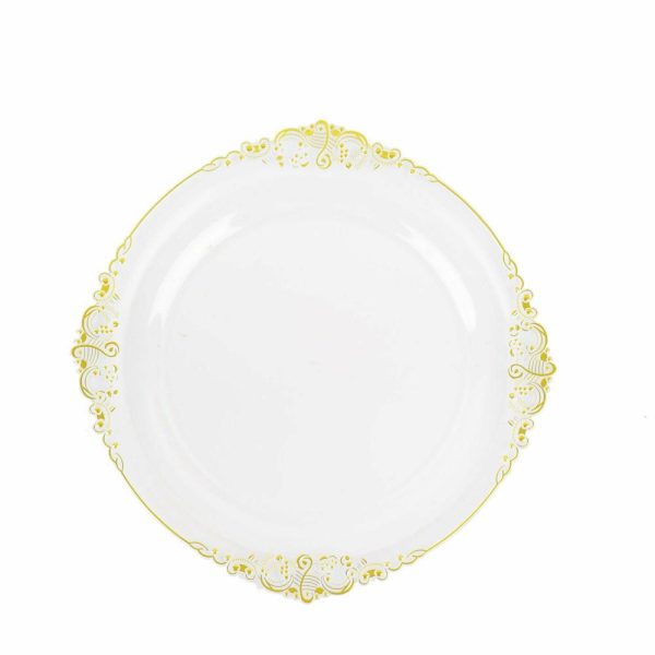 Plastic Plates |  10 Pack 10″ Clear Plastic Party Plates With Gold Leaf Embossed Baroque Rim, Round Disposable Dinner Plates