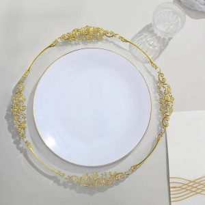 Plastic Plates |  10 Pack 10″ Glossy White Round Disposable Dinner Plates With Gold Rim, Plastic Party Plates