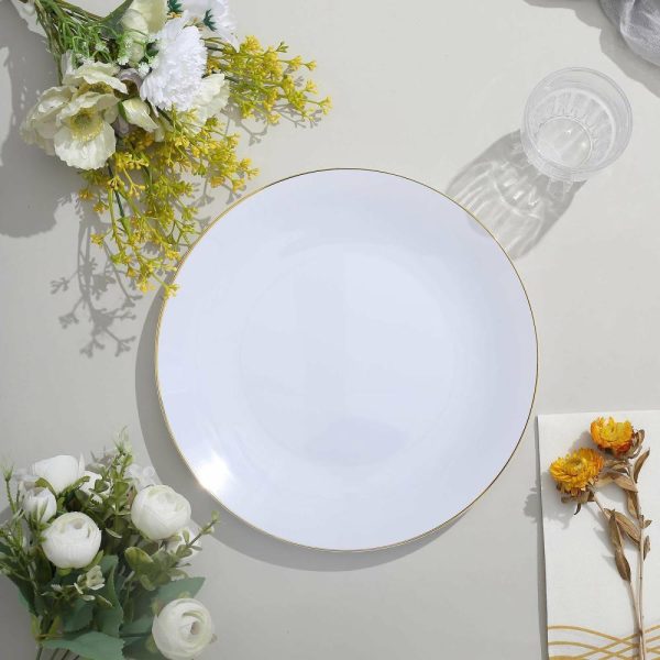 Plastic Plates |  10 Pack 10″ Glossy White Round Disposable Dinner Plates With Gold Rim, Plastic Party Plates