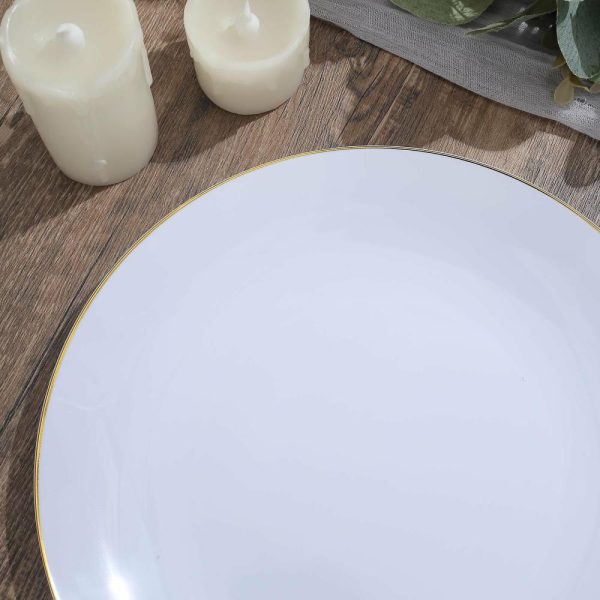 Plastic Plates |  10 Pack 10″ Glossy White Round Disposable Dinner Plates With Gold Rim, Plastic Party Plates