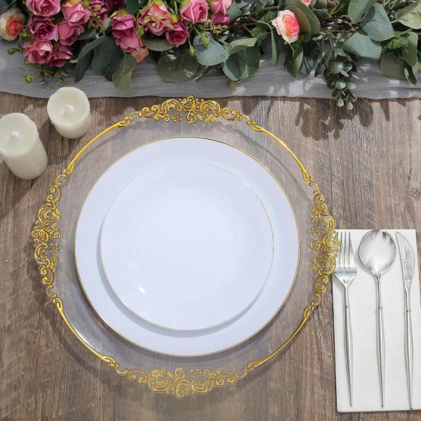 Plastic Plates |  10 Pack 10″ Glossy White Round Disposable Dinner Plates With Gold Rim, Plastic Party Plates