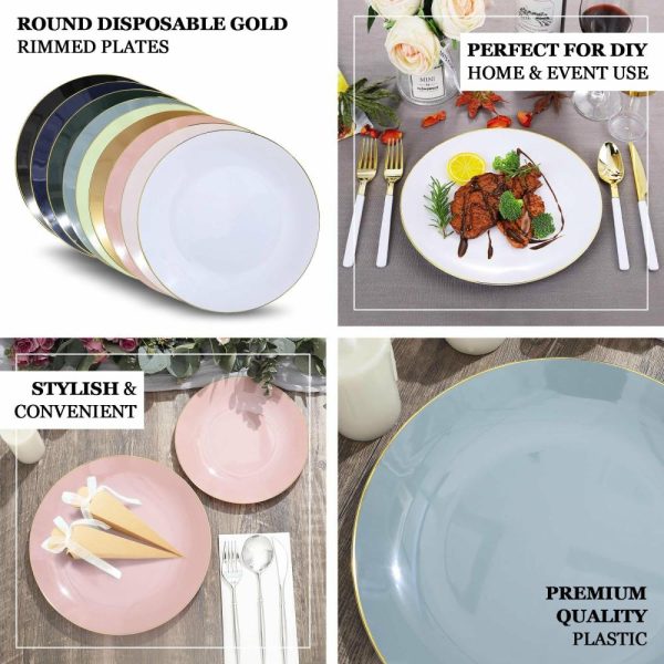 Plastic Plates |  10 Pack 10″ Glossy White Round Disposable Dinner Plates With Gold Rim, Plastic Party Plates