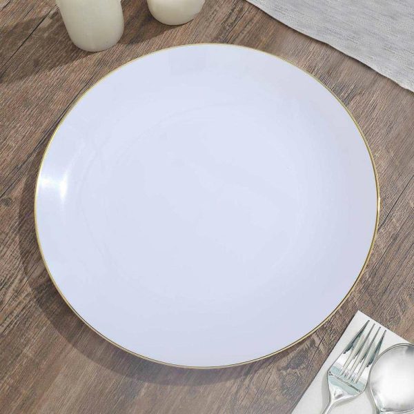 Plastic Plates |  10 Pack 10″ Glossy White Round Disposable Dinner Plates With Gold Rim, Plastic Party Plates