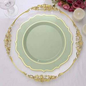 Plastic Plates |  10 Pack 10″ Sage Green Plastic Dinner Plates Disposable Tableware Round With Gold Scalloped Rim