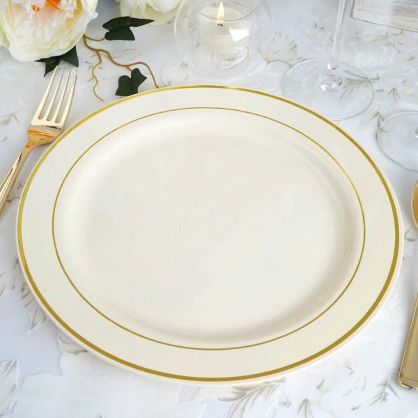 Plastic Plates |  10 Pack 10″ Très Chic Gold Rim Ivory Disposable Dinner Plates, Plastic Party Plates