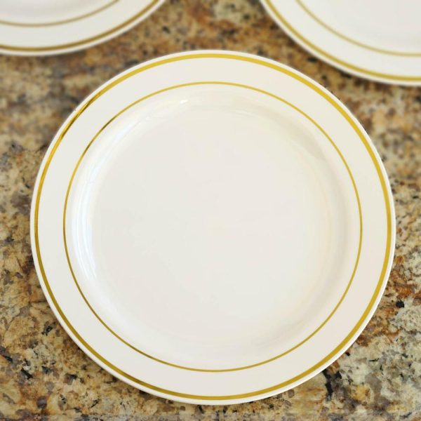 Plastic Plates |  10 Pack 10″ Très Chic Gold Rim Ivory Disposable Dinner Plates, Plastic Party Plates