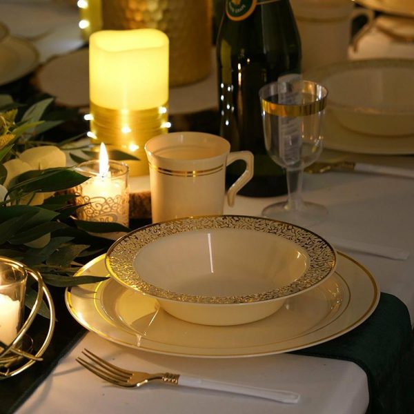 Plastic Plates |  10 Pack 10″ Très Chic Gold Rim Ivory Disposable Dinner Plates, Plastic Party Plates