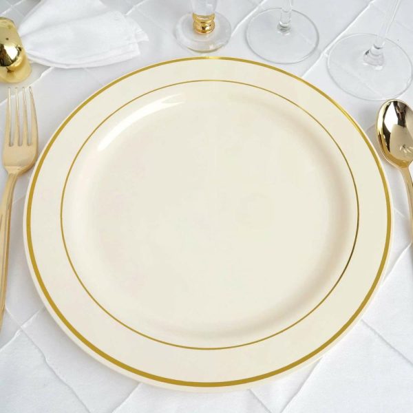 Plastic Plates |  10 Pack 10″ Très Chic Gold Rim Ivory Disposable Dinner Plates, Plastic Party Plates