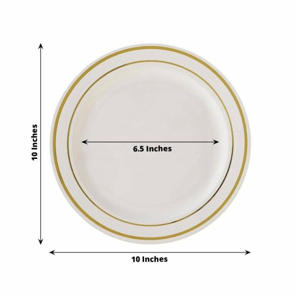 Plastic Plates |  10 Pack 10″ Très Chic Gold Rim Ivory Disposable Dinner Plates, Plastic Party Plates