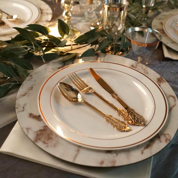 Plastic Plates |  10 Pack 10″ Très Chic Gold Rim Ivory Disposable Dinner Plates, Plastic Party Plates