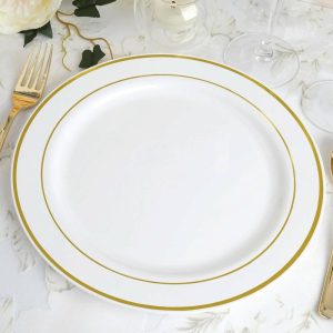 Plastic Plates |  10 Pack 10″ Très Chic Gold Rim White Disposable Dinner Plates, Plastic Party Plates