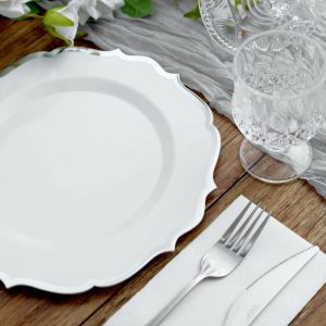 Plastic Plates |  10 Pack 10″ White Plastic Dinner Plates Disposable Tableware Round With Silver Scalloped Rim