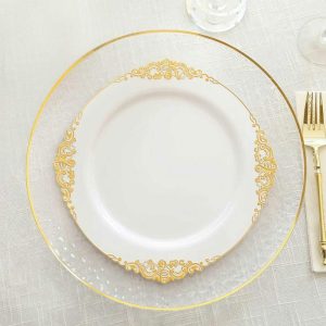 Plastic Plates |  10 Pack 10″ White Plastic Party Plates With Gold Leaf Embossed Baroque Rim, Round Disposable Dinner Plates