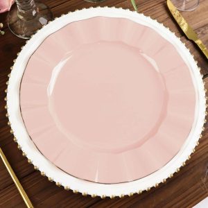 Plastic Plates |  10 Pack 11″ Blush Disposable Dinner Plates With Gold Ruffled Rim, Round Plastic Party Plates