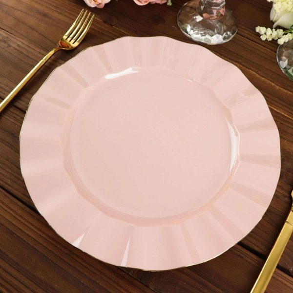 Plastic Plates |  10 Pack 11″ Blush Disposable Dinner Plates With Gold Ruffled Rim, Round Plastic Party Plates