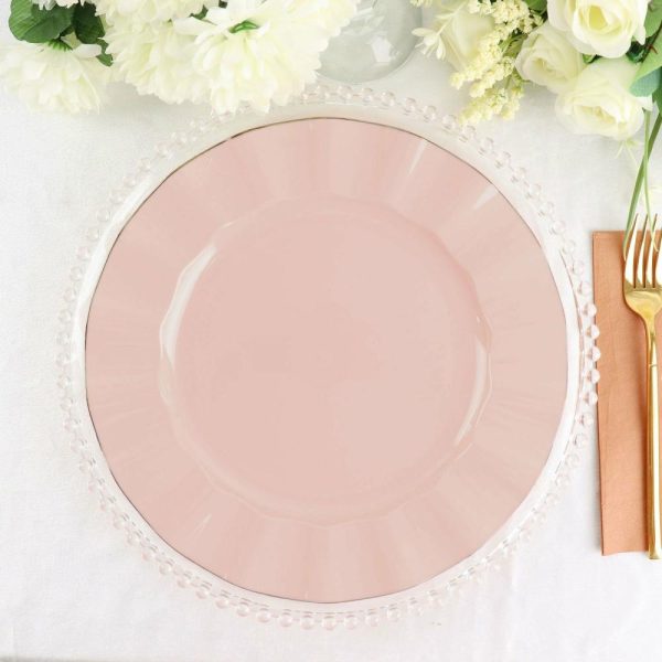 Plastic Plates |  10 Pack 11″ Blush Disposable Dinner Plates With Gold Ruffled Rim, Round Plastic Party Plates