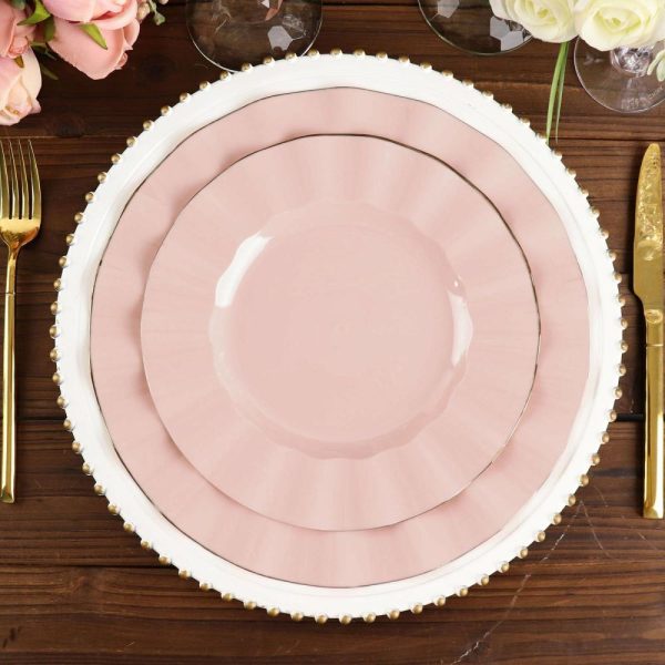 Plastic Plates |  10 Pack 11″ Blush Disposable Dinner Plates With Gold Ruffled Rim, Round Plastic Party Plates