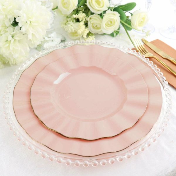 Plastic Plates |  10 Pack 11″ Blush Disposable Dinner Plates With Gold Ruffled Rim, Round Plastic Party Plates