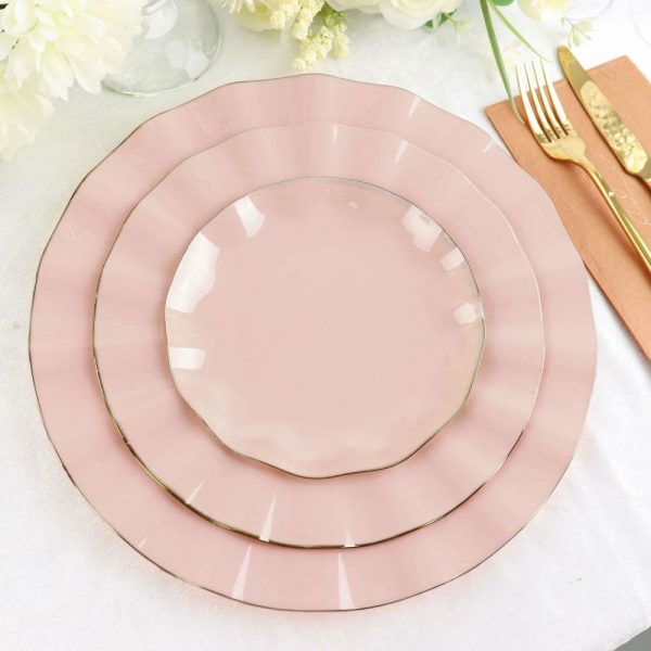 Plastic Plates |  10 Pack 11″ Blush Disposable Dinner Plates With Gold Ruffled Rim, Round Plastic Party Plates