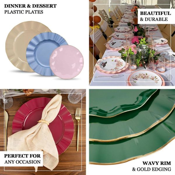 Plastic Plates |  10 Pack 11″ Blush Disposable Dinner Plates With Gold Ruffled Rim, Round Plastic Party Plates