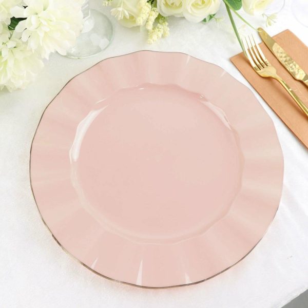 Plastic Plates |  10 Pack 11″ Blush Disposable Dinner Plates With Gold Ruffled Rim, Round Plastic Party Plates