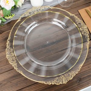 Plastic Plates |  10 Pack 11″ Clear Disposable Dinner Plates With Gold Ruffled Rim, Round Plastic Party Plates