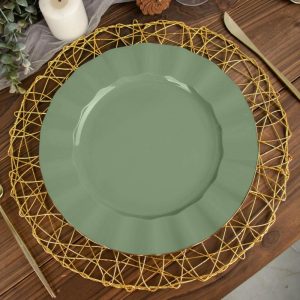 Plastic Plates |  10 Pack 11″ Dusty Sage Green Disposable Dinner Plates With Gold Ruffled Rim, Round Plastic Party Plates