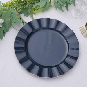 Plastic Plates |  10 Pack 11″ Navy Blue Disposable Dinner Plates With Gold Ruffled Rim, Round Plastic Party Plates