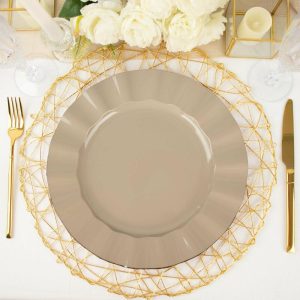 Plastic Plates |  10 Pack 11″ Taupe Disposable Dinner Plates With Gold Ruffled Rim, Round Plastic Party Plates