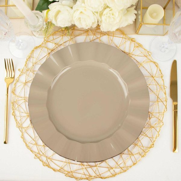 Plastic Plates |  10 Pack 11″ Taupe Disposable Dinner Plates With Gold Ruffled Rim, Round Plastic Party Plates